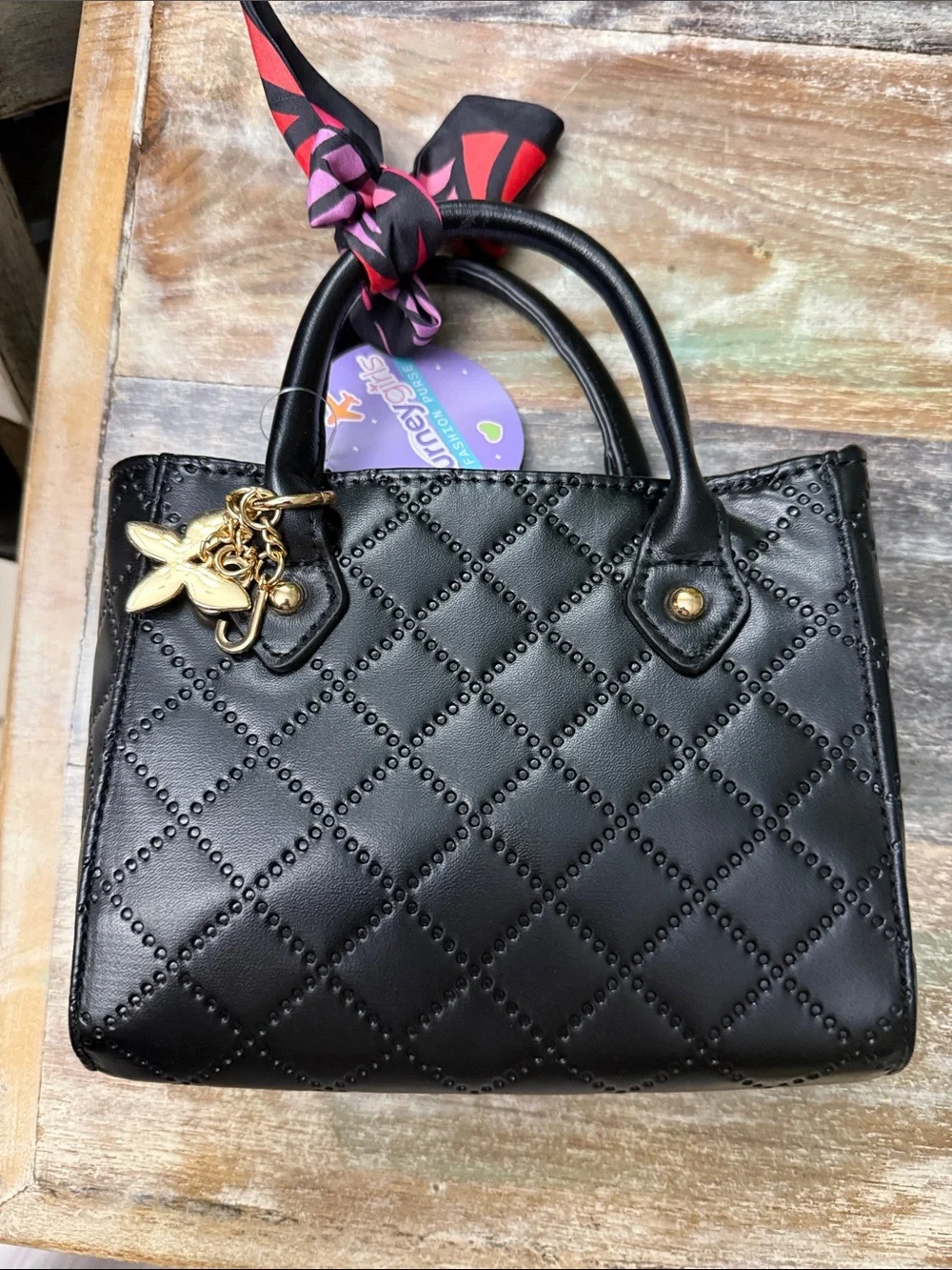 Quilted Top-Handle Satchel - Black with Gold Accent